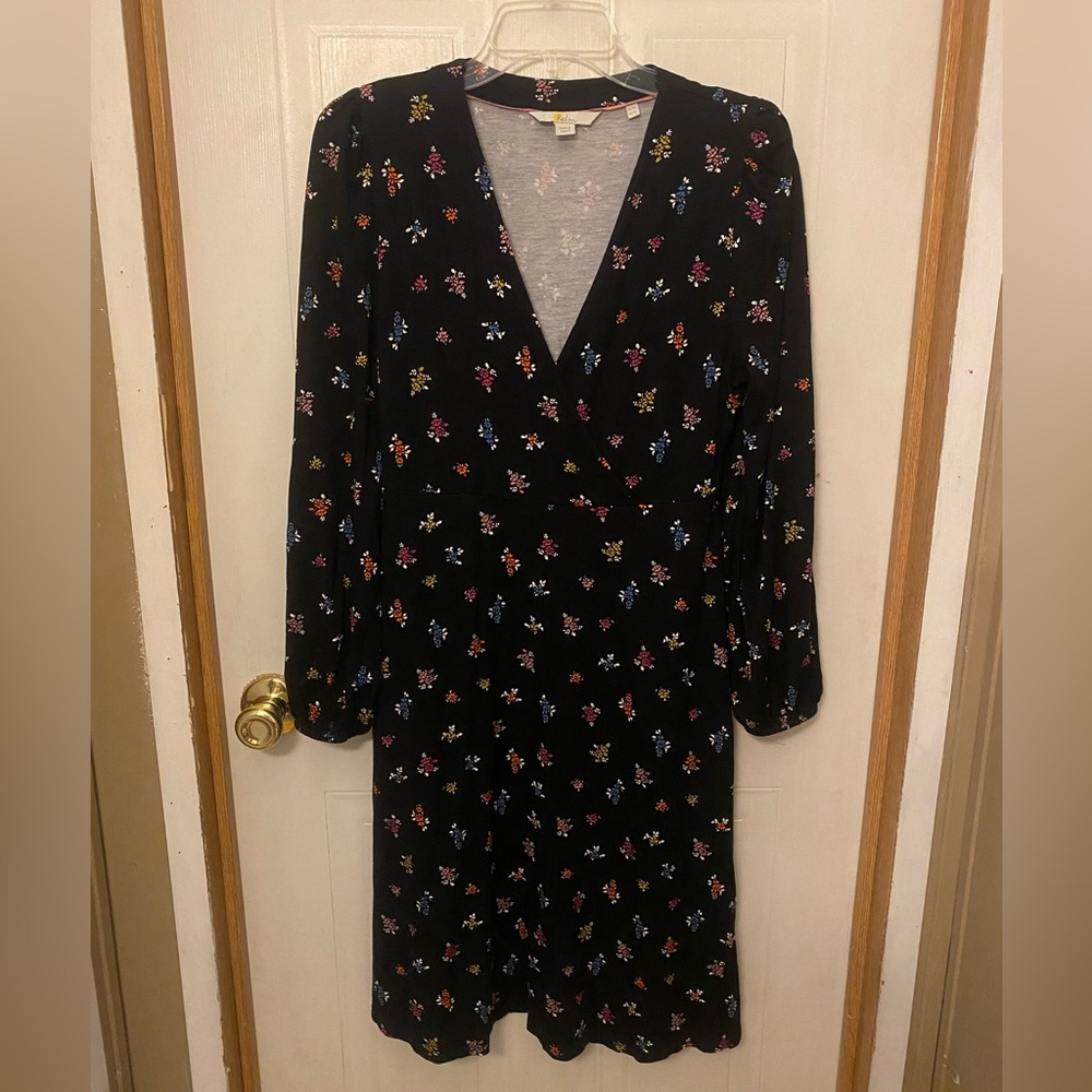 Boden Black Long-Sleeve Floral Wrap Dress